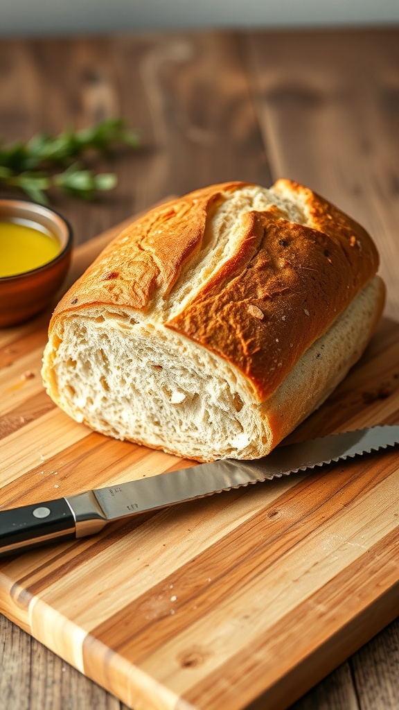 A golden-brown sourdough bread loaf on a cutting board with steam rising, alongside a knife and a bowl of olive oil.